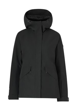 Sort vandtæt jakke med højt krave og justerbar hætte. Har to frontlommer og et slanket, strømlinet design.
