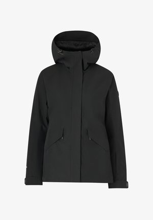Sort vandtæt jakke med højt krave og justerbar hætte. Har to frontlommer og et slanket, strømlinet design.