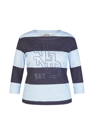 Blau-schwarz gestreiftes Langarmshirt mit dem Schriftzug "N1 ND SET" auf der Vorderseite.