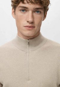 Beiger, gerippter Pullover mit Reißverschluss, der einen hohen Kragen und einen kurzen Reißverschluss vorne aufweist, gefertigt aus einem weichen, strukturierten Stoff.