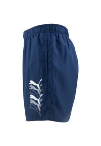 Pantalones cortos deportivos azul marino con cintura elástica; presentan un gráfico blanco de gatos estilizados en el lado izquierdo. Tejido liviano.