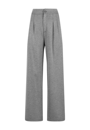 Spodnie o szerokich nogawkach w odcieniu szarego melanżu, z zapięciem na guzik, plisowanym przodem, gładką fakturą i miękkim, elastycznym materiałem.