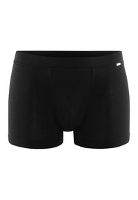 Schwarze Boxershorts für Männer mit breitem Bund und genähter Fronttasche, auf weißem Hintergrund dargestellt.