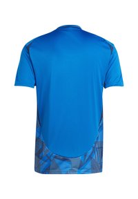 Blauw sport T-shirt met korte mouwen, met een gestructureerd grafisch patroon in verschillende tinten blauw aan de onderzijde en achterkant.