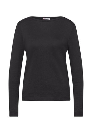 Maglione nero a maniche lunghe con scollo rotondo, realizzato in un materiale liscio, con orlo e polsini a coste, design semplice, senza motivi.