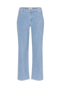 Jeans de mezclilla de color azul claro con un diseño de pierna recta, que cuentan con presillas para cinturón, bolsillos frontales y un cierre de botón en la cintura.