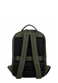 Sac à dos vert et noir au design structuré, dos en mesh rembourré et bretelles réglables pour le confort. Matériau lisse avec peu d'accents.