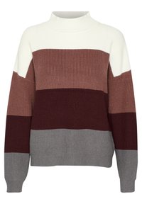 Maglione a collo alto con parti colorate a blocchi, caratterizzato da strisce alternate di bianco, malva, bordeaux e grigio. Texture a coste su tutta la superficie.