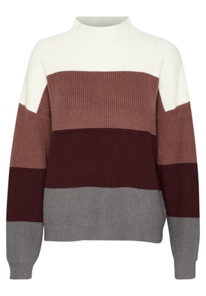 Suéter de punto con cuello alto y bloques de color que presenta franjas alternas de blanco, malva, burdeos y gris. Textura acanalada en toda su superficie.