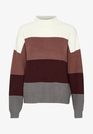 Hoge hals, kleurblok gebreide trui met afwisselende strepen in wit, mauve, bordeaux en grijs. Ribbelstructuur doorheen.