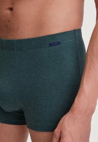 Boxer da uomo in verde scuro realizzati in un tessuto morbido e stretch. Presentano una vita piatta con un piccolo logo ricamato.