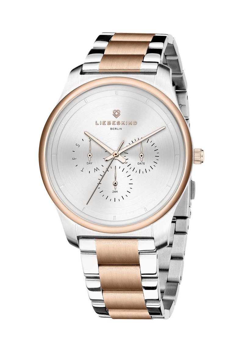 Reloj de pulsera de metal plateado y oro rosa con caja redonda, esfera texturizada plateada y tres subesferas para el día, la fecha y la visualización de 24 horas.