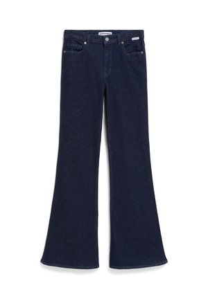 Dunkelblaue Denim-Jeans im Bootcut-Schnitt mit hoher Taille, zwei Fronttaschen und einer hinteren Tasche. Strukturierte Oberfläche mit leichtem Stretch.