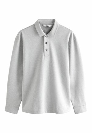 Polo grigio a maniche lunghe con colletto classico, patta con tre bottoni e tessuto morbido e textured. Nessun motivo o accento visibile.