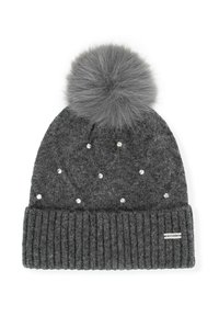 Szara dzianinowa czapka z prążkowanym brzegiem, zakończona dużym futrzanym pomponem. Ozdobiona dekoracyjnymi kryształkami ułożonymi w rozproszony wzór.