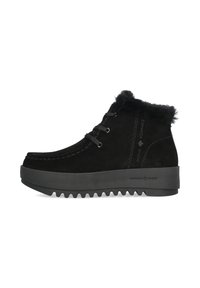 Schwarze Wildleder-Stiefeletten mit Kunstfellkragen, runder Zehenpartie und Gummisohle mit gezahnter Profilierung. Schnürung für eine verstellbare Passform.