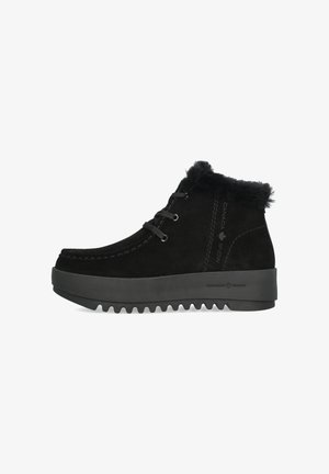 Schwarze Wildleder-Stiefeletten mit Kunstfellkragen, runder Zehenpartie und Gummisohle mit gezahnter Profilierung. Schnürung für eine verstellbare Passform.