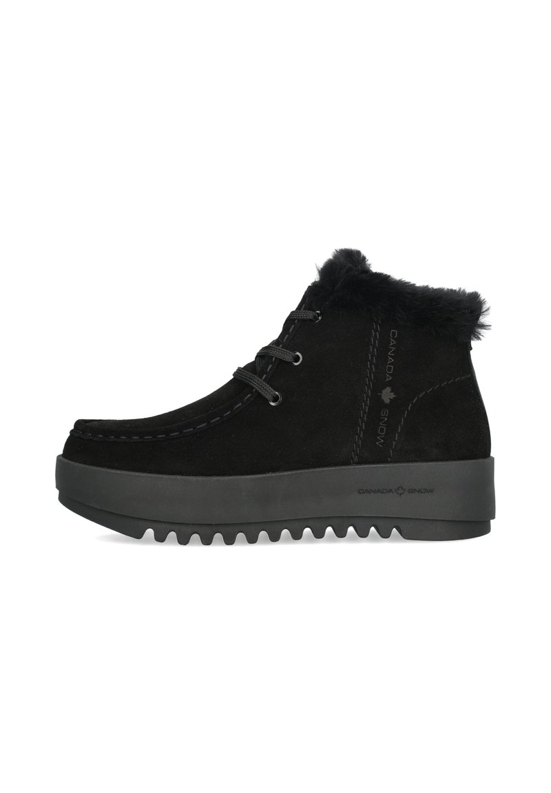Schwarze Wildleder-Stiefeletten mit Kunstfellkragen, runder Zehenpartie und Gummisohle mit gezahnter Profilierung. Schnürung für eine verstellbare Passform.