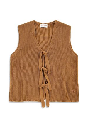 Chaleco sin mangas de punto marrón con tres cierres de lazo en la parte delantera y un pequeño logo bordado en la esquina inferior derecha.