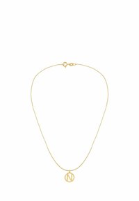 Guld kædehalssmykke med et rundt vedhæng, der har et stiliseret bogstav "N." Kæden har en fin tekstur med en sikker lukning.