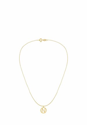 Guldkedjehalsband med ett runt hänge som har ett stiliserat bokstav "N". Kedjan har en fin struktur och ett säkert spänne.