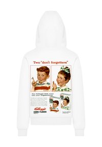 White hoodie featuring vintage Kellogg's Corn Flakes illustrations. Front displays two children, with text and a cereal box graphic.