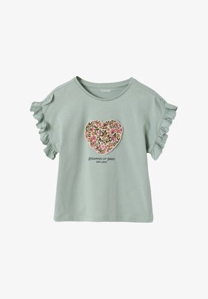 Light green short-sleeve toddler shirt with ruffled sleeves, floral heart patch, and "Dreaming of Paris with love" text on front.