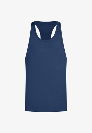 Navyblauw tanktop van gladde stof, met een racerback ontwerp en een ronde halslijn, zonder zichtbare logo's of patronen.