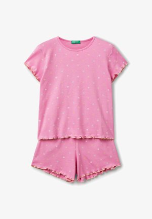 Roze pyjama set met korte mouwen, gemaakt van katoen, met een golvende zoom en een verspreid patroon van kleine iconen in blauw, geel en roze.