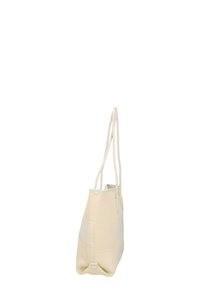Borsa tote beige con un design testurizzato e perforato, dotata di due lunghe maniglie e un fondo piatto per stabilità. Forma semplice e funzionale.