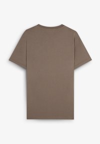 Bruine T-shirt met korte mouwen van katoen met een ronde hals. Glad textuur, eenvoudige ontwerp, en geen zichtbare patronen of hardware.