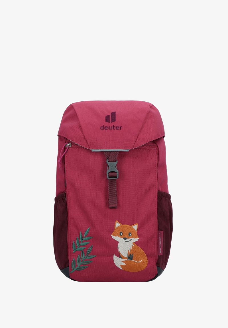 Sac à dos rose en tissu durable, avec un rabat, des poches latérales et une broderie de renard avec des feuilles vertes à l'avant.