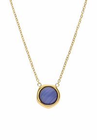 Gouden ketting met een ronde, gestructureerde paarse stenen hanger met gladde randen. De hanger heeft gedraaide patronen voor extra detail.