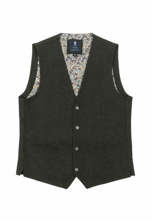 Dark gray wool vest with a floral-patterned lining, five buttons, and two side pockets. Classic V-neck design, sleeveless construction.