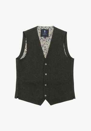 Dunkelgrauer Wollwesten mit einem floral gemusterten Futter, fünf Knöpfen und zwei seitlichen Taschen. Klassisches V-Ausschnitt-Design und ärmellose Konstruktion.