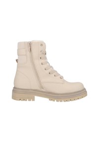 Botines beige con cordones y cremallera lateral, detalles de tela texturizada y suela resistente. Parte superior sintética lisa con un collarín acolchado.