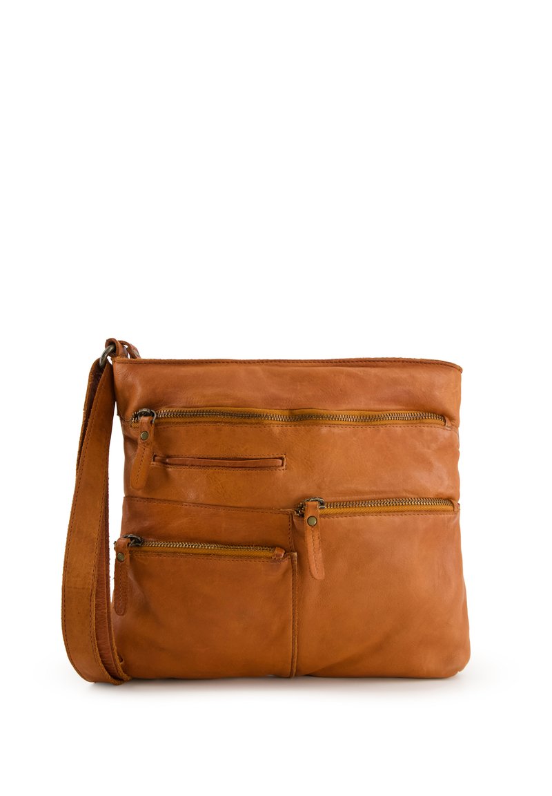 Sac en cuir tan à bandoulière avec plusieurs poches zippées, design plat, bandoulière ajustable et texture lisse. Convient pour un usage quotidien.