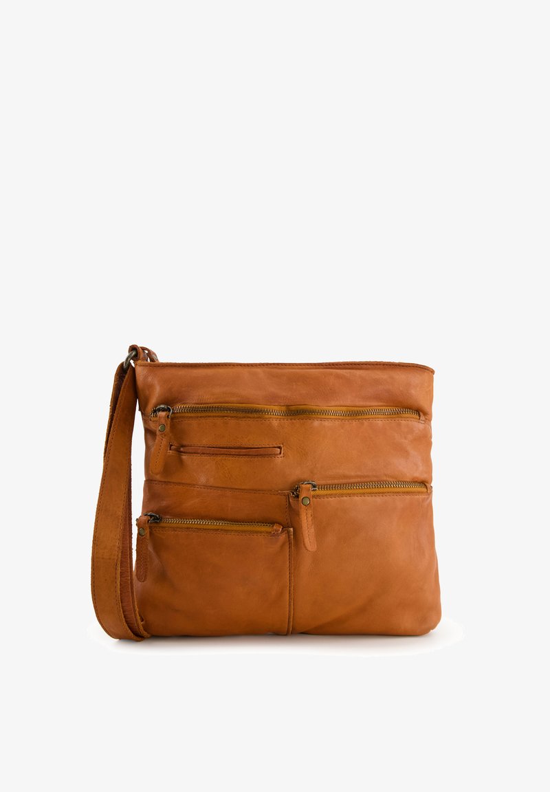 Tan leather crossbody bag with multiple zippered pockets, flat design, adjustable strap, and a smooth texture. Suitable for everyday use.