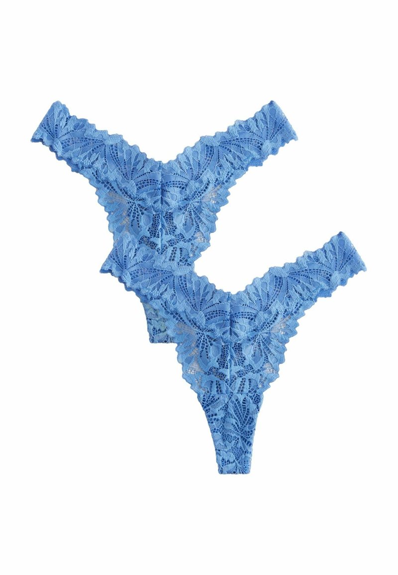 Sinine pitsiline stringid lillemustritega ja laineliste äärtega, pehme tekstuuri ja minimalistliku disainiga. Kaks tükki on kujutatud kattuvana.