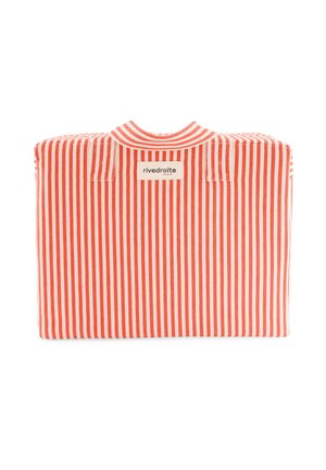 Sac en tissu rayé vertical rouge et blanc avec une anse et une étiquette "rivedroite Paris" sur le devant, présenté sur fond blanc.