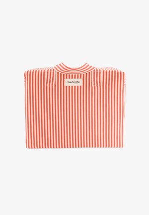 Sac en tissu rayé vertical rouge et blanc avec une anse et une étiquette "rivedroite Paris" sur le devant, présenté sur fond blanc.