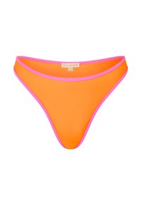 Orangene Bikiniunterteile mit leuchtend pinkem Besatz, mit einem Moda Minx Markenetikett in der Mitte des Bunds.