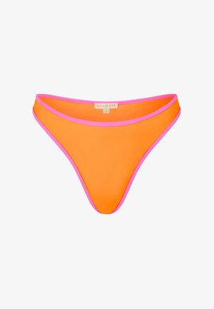 Oranje bikini onderkant met felroze bies, met een Moda Minx merklabel in het midden van de tailleband.