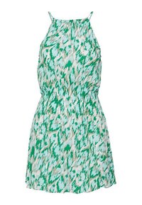 Robe sans manches verte et blanche avec un tissu texturé au motif de feuilles, une taille élastique et un design de jupe fluide.