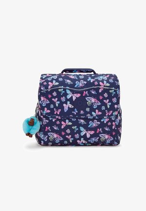 Marineblauwe stoffen rugzak versierd met kleurrijke vlinderpatronen, met een handvat aan de bovenkant en een fluffy blauwe aap als sleutelhanger als accent.