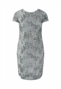 Kort silverfärgad paljettklänning med cap sleeves och rund halsringning, med ett glänsande, strukturerat mönster.