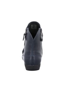 Stivale alla caviglia in pelle blu navy con punta rotonda, chiusura con zip laterale e dettaglio di cuciture curve lungo il tallone e la parte superiore. Interno testurizzato.