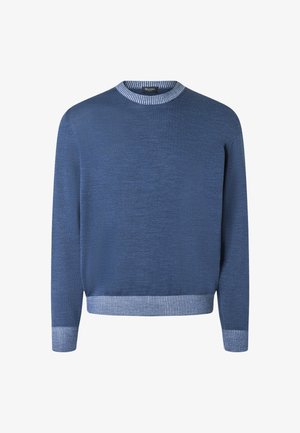 Maglione da uomo a maniche lunghe, collo tondo blu, con polsini, orlo e collo a costine azzurri, realizzato in tessuto a maglia fine.