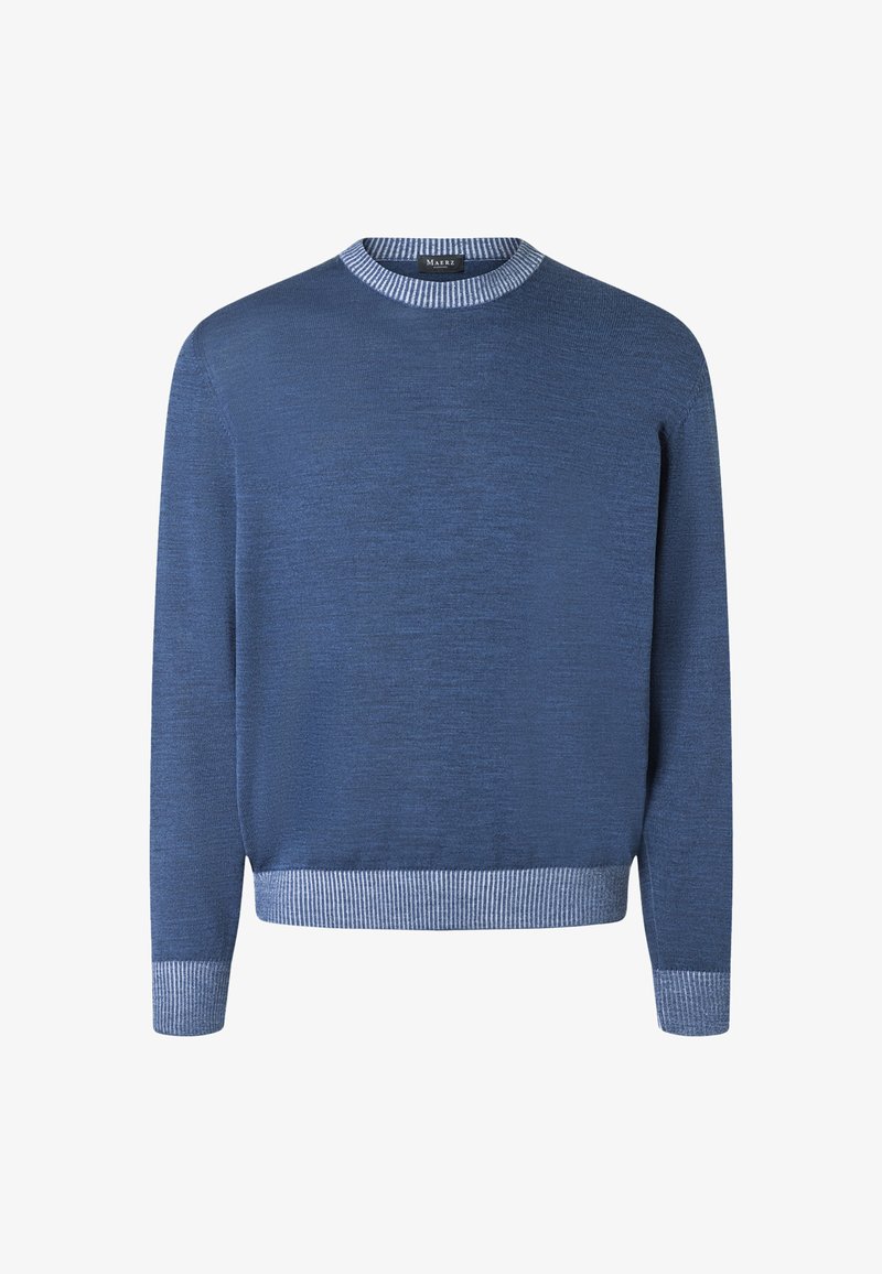 Herrenpullover mit rundem Ausschnitt, langärmlig, in Blau, mit hellblauen, gerippten Bündchen an Ärmeln, Saum und Kragen, gefertigt aus feinem Strickstoff.