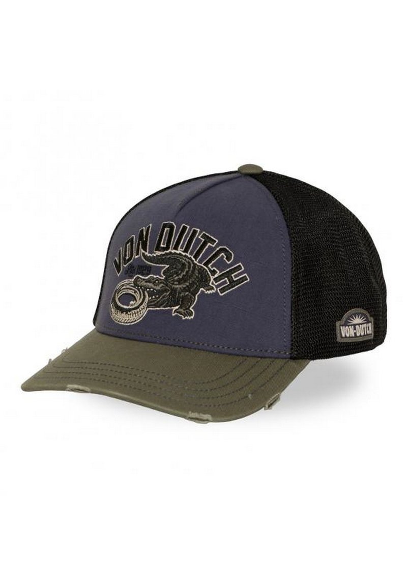 Casquette en tissu bleu marine et mesh noir avec une visière verte. Présente le logo "VON DUTCH" et un graphique brodé d'un alligator. Détails usés présents.